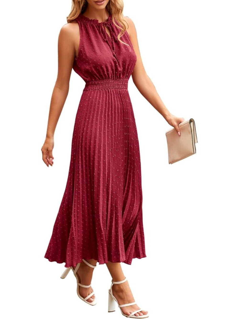 Women's Midi Summer Dress Wine Red V Neck Swiss Dot Ruffle Sleeveless A Line